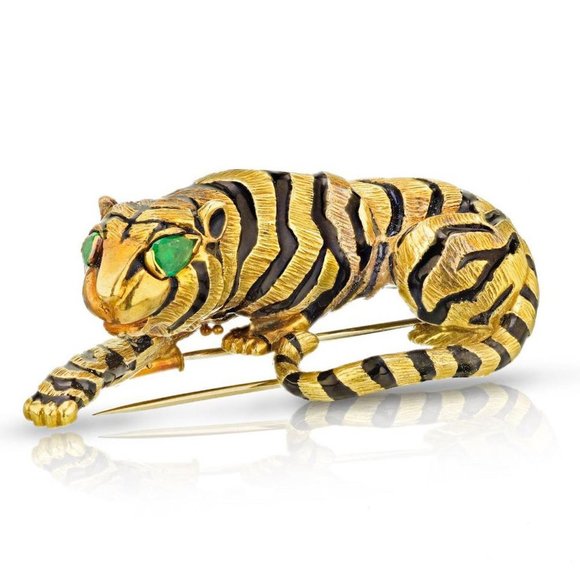 Vintage David Webb Tiger Brooch Circa 1970 18K Yellow Gold - Picture 1 of 5